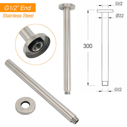 Brushed Nickel Round 12" Shower Rain Head + 300mm Brass Ceiling Dropper Arm Set.
