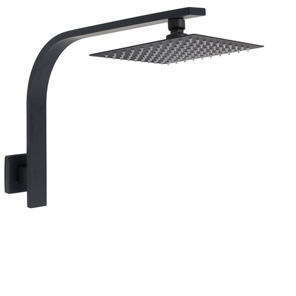 Matt Black 8" Square Thin Rain Shower Head Brass Gooseneck Wall Arm Watermark.