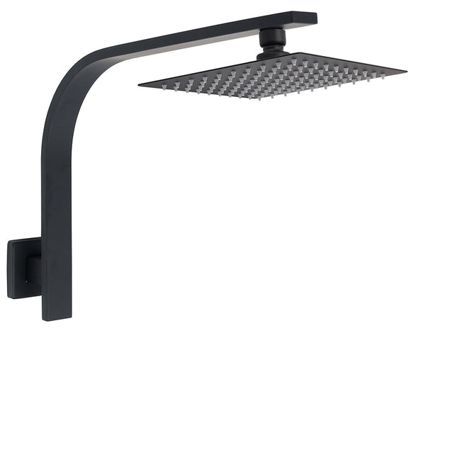 Matt Black 8" Square Thin Rain Shower Head Brass Gooseneck Wall Arm Watermark.