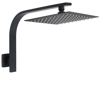 WELS Matt Black 10" Square Thin Rain Shower Head Brass Gooseneck Wall Arm Set.