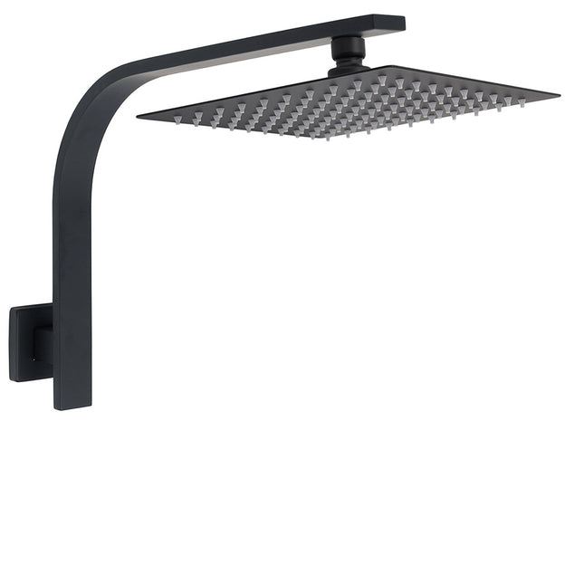 WELS Matt Black 10" Square Thin Rain Shower Head Brass Gooseneck Wall Arm Set.