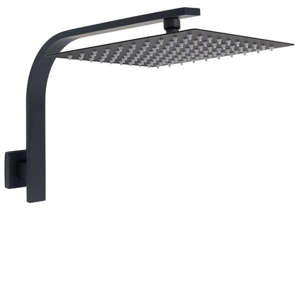 Matt Black 12" Square Large Thin Rain Shower Head Brass Gooseneck Wall Arm Watermark.