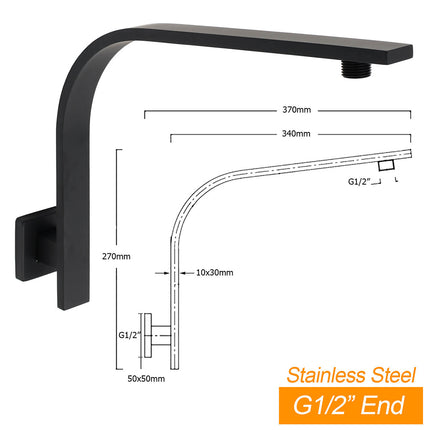 Matt Black 12" Square Large Thin Rain Shower Head Brass Gooseneck Wall Arm Watermark.