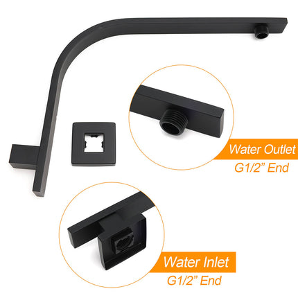 Matt Black 12" Square Large Thin Rain Shower Head Brass Gooseneck Wall Arm Watermark.