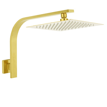 WELS Brushed Gold 10" Square SUS Shower Head + Brass Gooseneck Wall Arm Set.