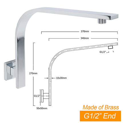WELS Chrome 8" 200mm SUS Square Rainfall Shower Head Brass Gooseneck Wall Arm Set.