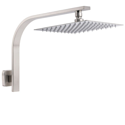 Brushed Nickel Silver Square 10" Rain Shower Head & Brass Gooseneck Wall Arm Set.
