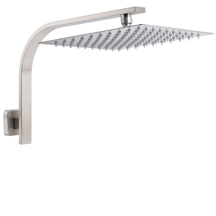 Brushed Nickel Silver Square 12" Rain Shower Head & Brass Gooseneck Wall Arm Set.
