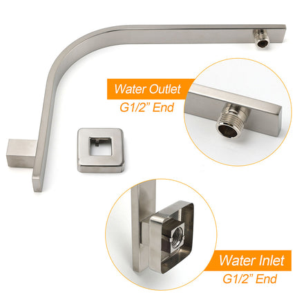 Brushed Nickel Silver Square 12" Rain Shower Head & Brass Gooseneck Wall Arm Set.
