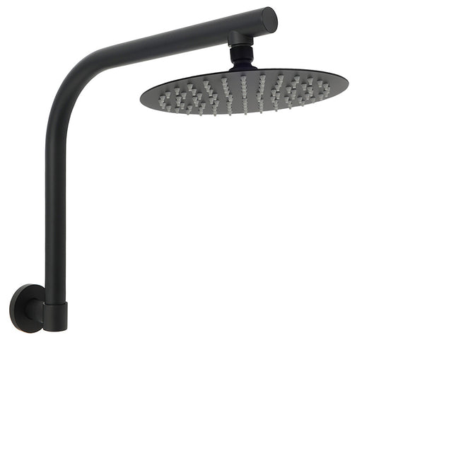 Matt Black 8" Stainless Steel Round Rain Shower Head & Gooseneck Swivel Wall Arm Set.