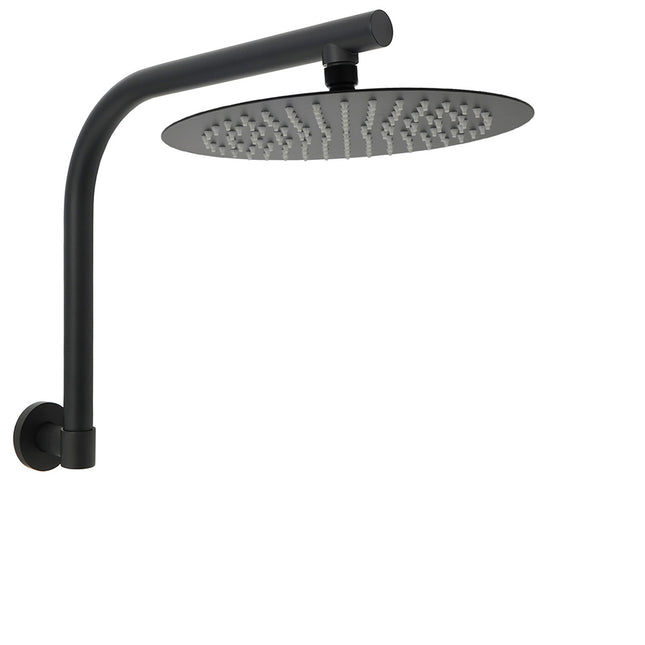 WELS Matt Black 10" SUS Round Rain Shower Head & Gooseneck Swivel Wall Arm Set.