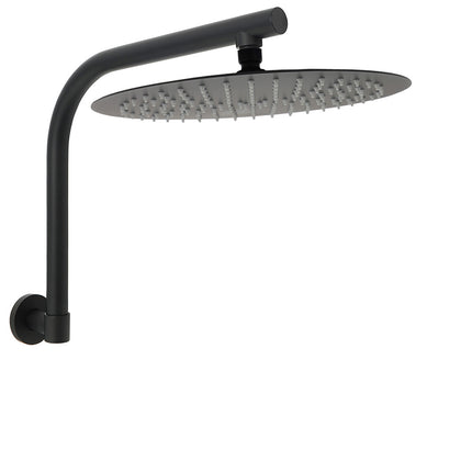 WELS Matt Black 12" Large Round Rain Shower Head & Gooseneck Swivel Wall Arm Set.