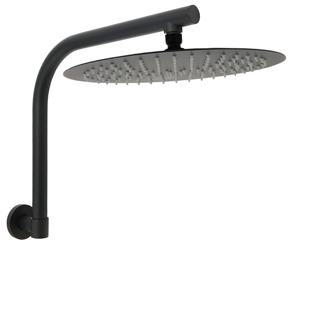 WELS Matt Black 12" Large Round Rain Shower Head & Gooseneck Swivel Wall Arm Set.
