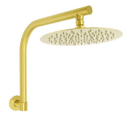 Brushed Gold Round 10 Inch Rain Shower Head Swivel Brass Gooseneck Wall Arm Set.