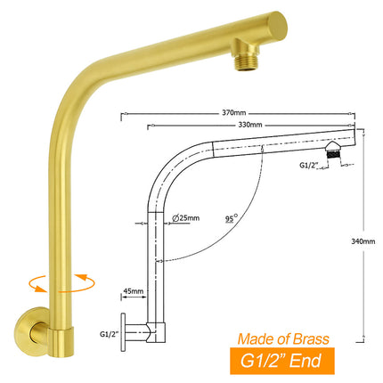 Brushed Gold Round 10 Inch Rain Shower Head Swivel Brass Gooseneck Wall Arm Set.