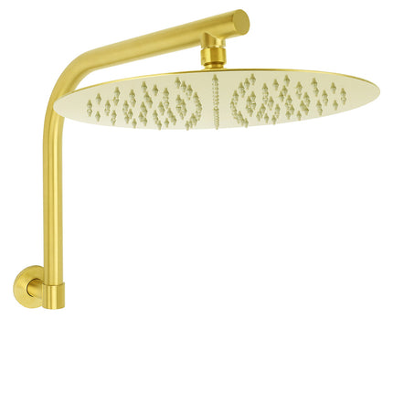 Brushed Gold Round 12 Inch Rain Shower Head Swivel Brass Gooseneck Wall Arm Set.
