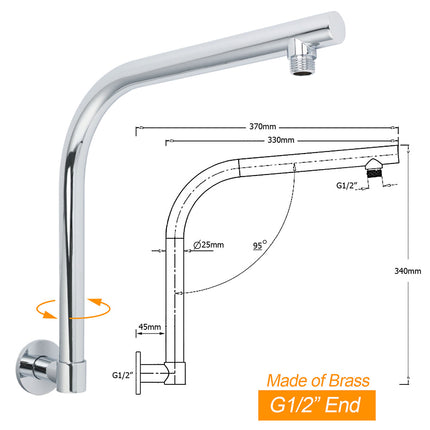 Chrome Round 12" Large Rainfall Shower Head + 360°Swivel Gooseneck Wall Arm Set.