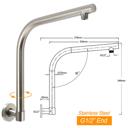 Brushed Nickel 8" Round Rainfall Shower Head 360°Swivel Gooseneck Wall Arm Set.