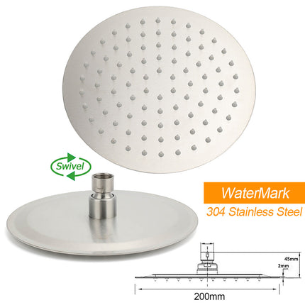 Brushed Nickel 8" Round Rainfall Shower Head 360°Swivel Gooseneck Wall Arm Set.