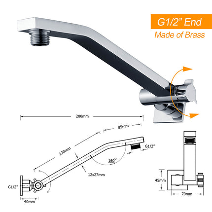 Square Chrome Brass Up & Down Adjustable Wall Mounted Shower Arm For Shower Head.