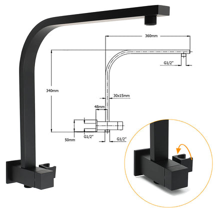 Matt Black 8" SUS Shower Head 3 Modes Handheld Gooseneck Arm Square 2in1 Set.