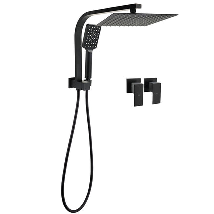 WELS Matt Black Square 10" Shower Head 3 Modes Handheld Gooseneck Arm Twin Taps Set.