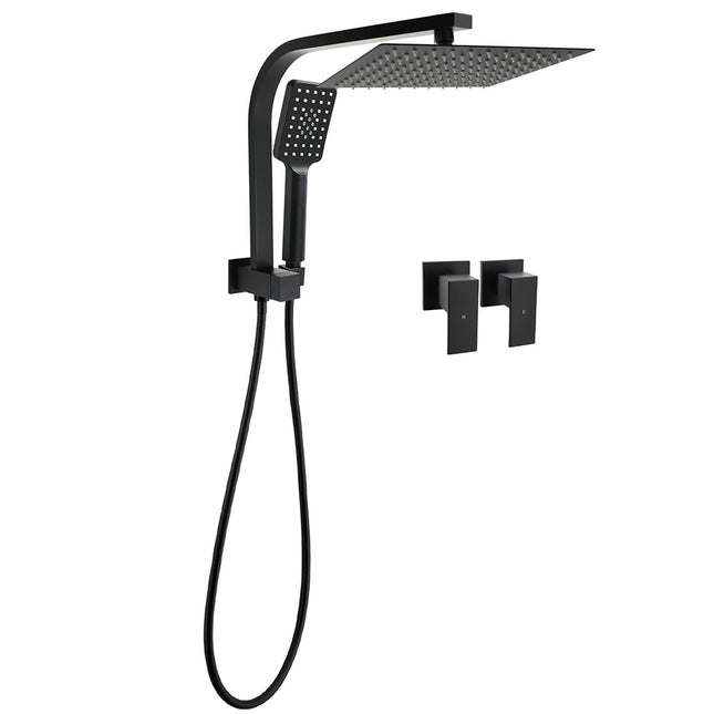 WELS Matt Black Square 10" Shower Head 3 Modes Handheld Gooseneck Arm Twin Taps Set.