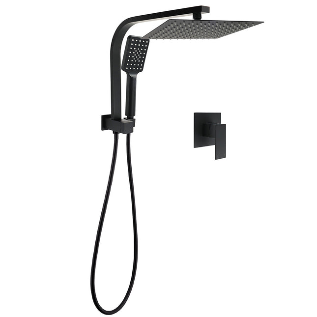 Matt Black Square 10" Thin Shower Head 3 Modes Handheld Gooseneck Arm Twin Set + Mixer.