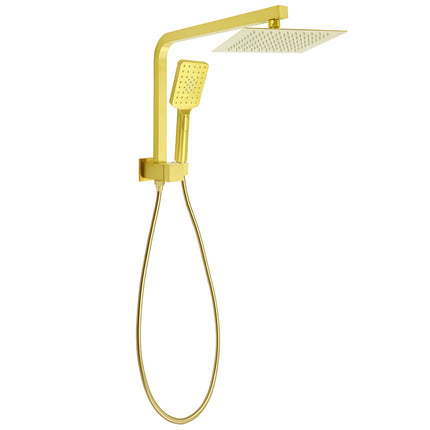 WELS Brushed Gold Twin Shower 8" Rain Head Handheld Diverter Wall Arm Square.