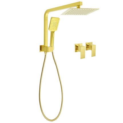 WELS Brushed Gold Twin Shower 8" Rain Head Handheld Diverter Wall Arm Square Taps.