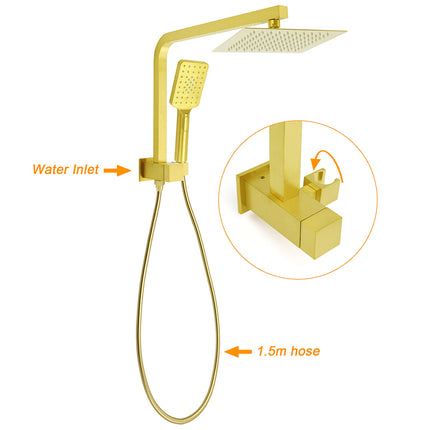 WELS Brushed Gold Twin Shower 8" Rain Head Handheld Diverter Wall Arm Square Taps.