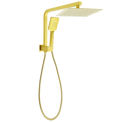 Brushed Gold Twin Shower 10" Rain Head Handheld Diverter Wall Arm Set Square.