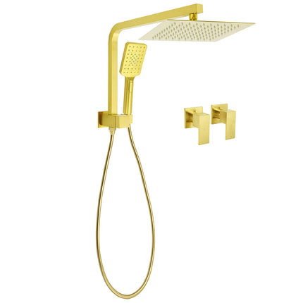 Brushed Gold Twin Shower 10" Rain Head Handheld Diverter Wall Arm Set Square Taps.