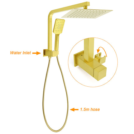 Brushed Gold Twin Shower 10" Rain Head Handheld Diverter Wall Arm Set Square Mixer.