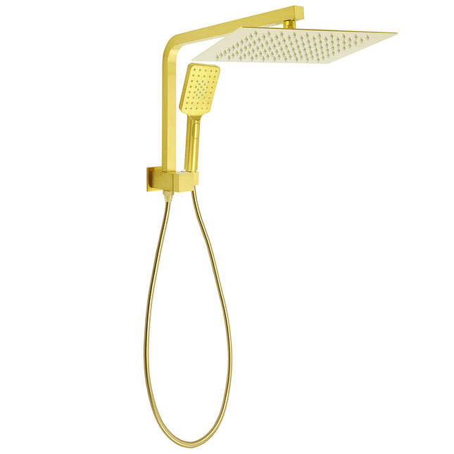 Brushed Gold Twin Shower 12" Rainfall Head Handheld Diverter Wall Arm Set Square.
