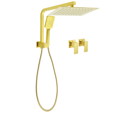 WELS Brushed Gold Twin Shower 12" Rain Head Handheld Diverter Wall Arm Set Square Taps.