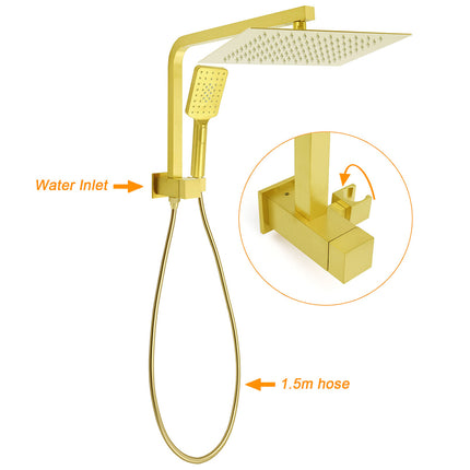 WELS Brushed Gold Twin Shower 12" Rain Head Handheld Diverter Wall Arm Set Square Taps.