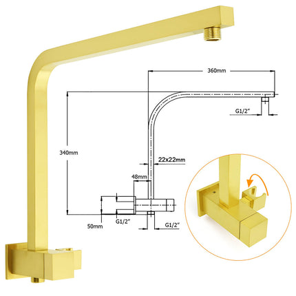 WELS Brushed Gold Twin Shower 12" Rain Head Handheld Diverter Wall Arm Set Square Taps.
