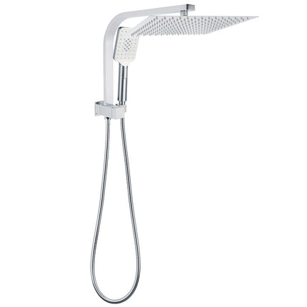 WELS Square Twin Shower Head Chrome 12 inch 3 Mode Handheld Diverter Wall Arm Set.