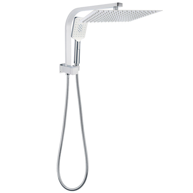 WELS Square Twin Shower Head Chrome 12 inch 3 Mode Handheld Diverter Wall Arm Set.