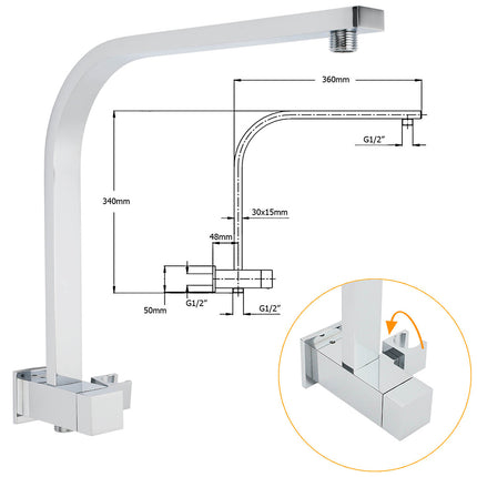 WELS Square Chrome 12" Shower Head 3 Mode Handheld Diverter Wall Arm 2in1 Set + Mixer.