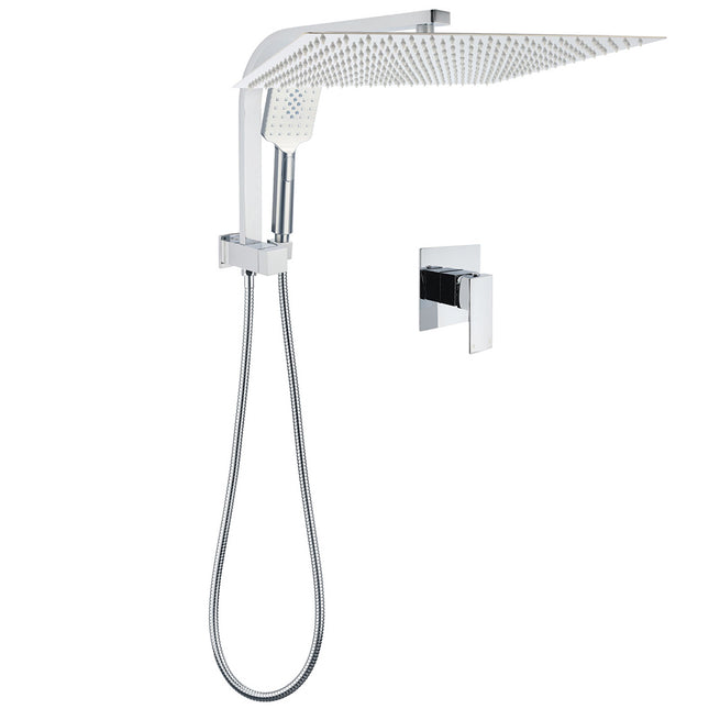 WELS Square Chrome 16" Large Shower Head 3 Mode Handheld Diverter Wall Arm 2in1 Set + Mixer.