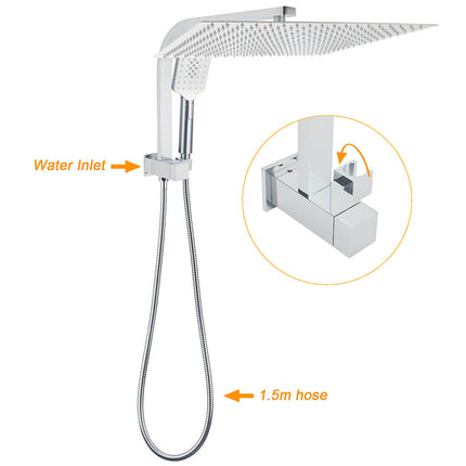 WELS Square Chrome 16" Large Shower Head 3 Mode Handheld Diverter Wall Arm 2in1 Set + Mixer.