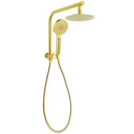 WELS Brushed Gold Round Twin 8" Shower Head Set Diverter Wall Arm Single Mode Handheld.