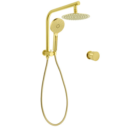 WELS Brushed Gold Round Twin Shower Head Set Stainless Steel Handheld Gooseneck Arm Wall Mixer.