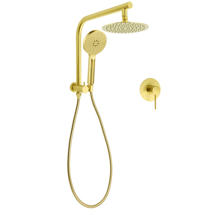 WELS Brushed Gold Round 2in1 8" Shower Head Set Diverter Wall Arm Stainless Steel Handheld + Mixer.