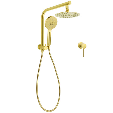 Brushed Gold Round 2in1 8" Shower Head Set Diverter Wall Arm Stainless Steel Handheld Small Face Mixer.