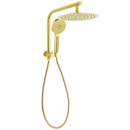 Brushed Gold Round 12" Rain Shower Head 3 Mode Handheld Diverter Wall Arm Set.