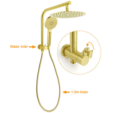 Brushed Gold Round 12" Rain Shower Head 3 Mode Handheld Diverter Wall Arm Set.