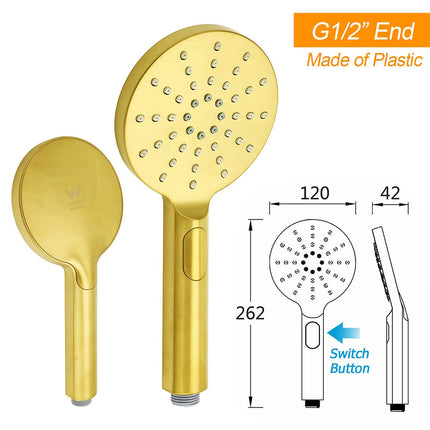 Brushed Gold Round 12" Rain Shower Head 3 Mode Handheld Diverter Wall Arm Set.